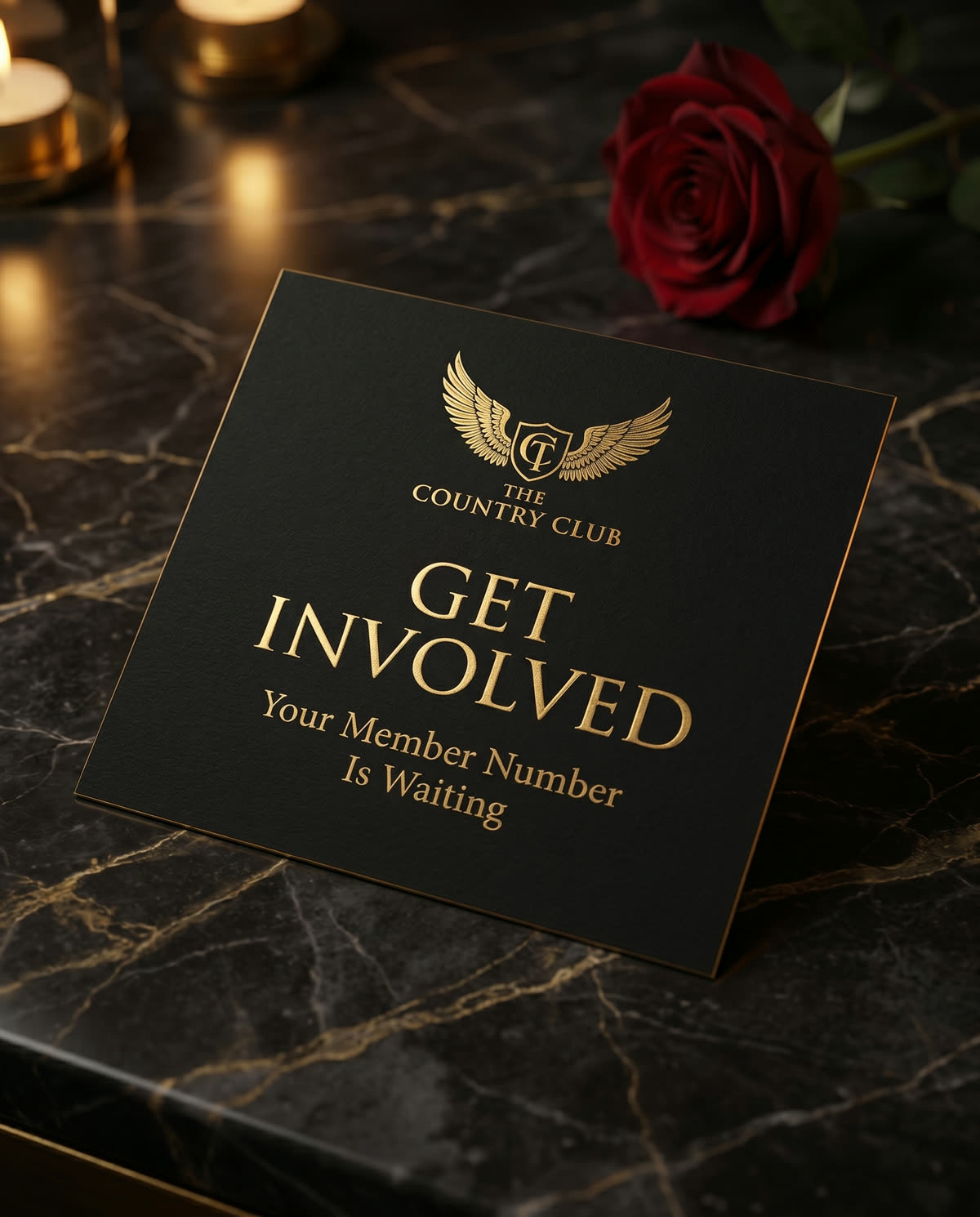 A black and gold invitation card: Get Involved — your member number is waiting