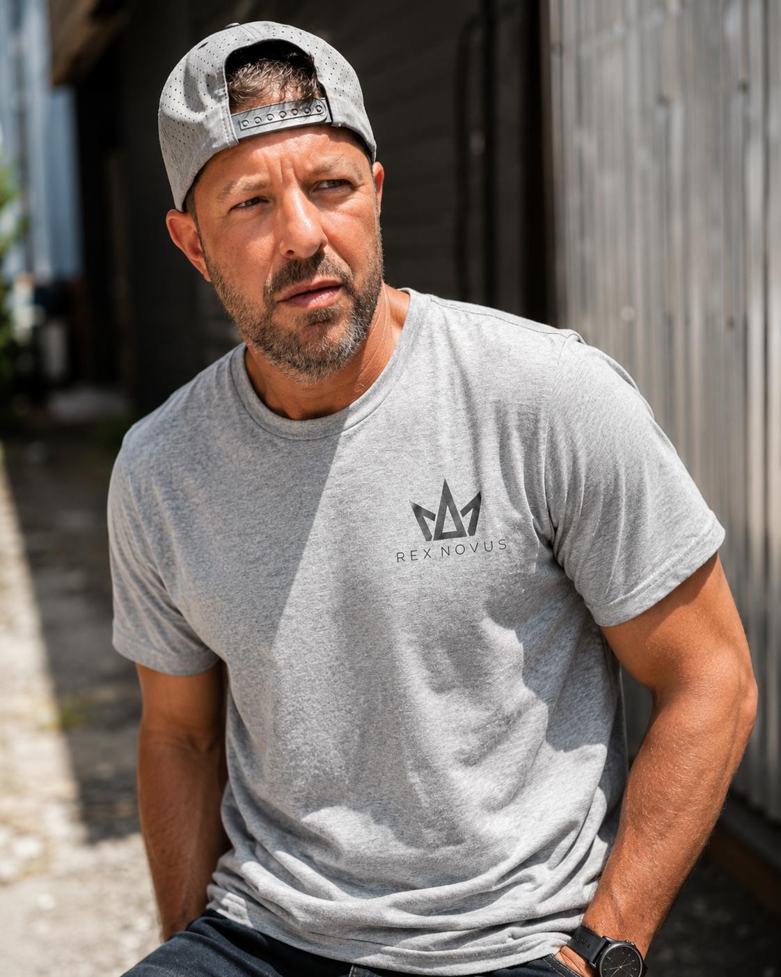Rex Novus crown tee in heather grey — premium apparel for the new king