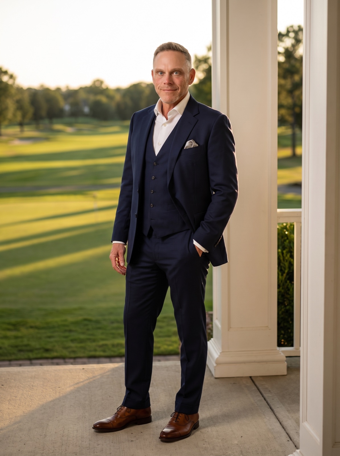 Ryan Byers in a tailored navy suit on the clubhouse veranda, The Country C1ub