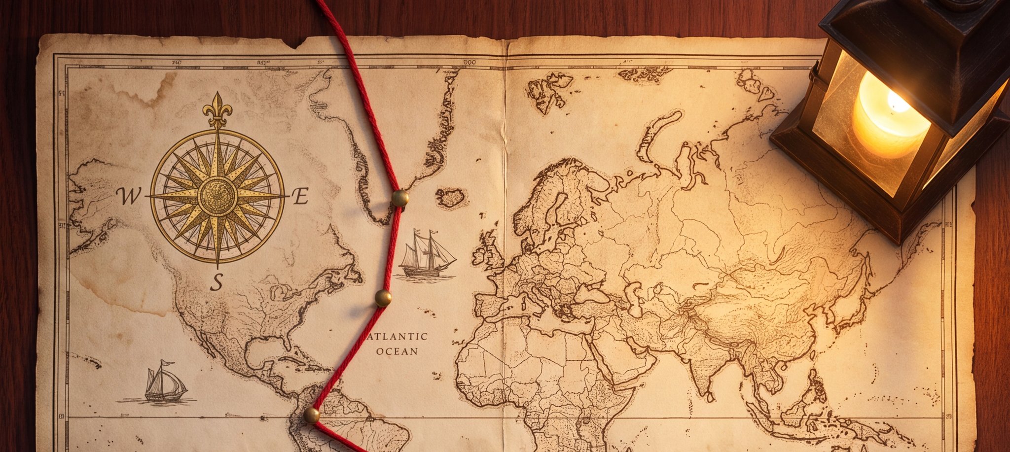 An aged chart of the world under lantern light — a red thread begins its descent