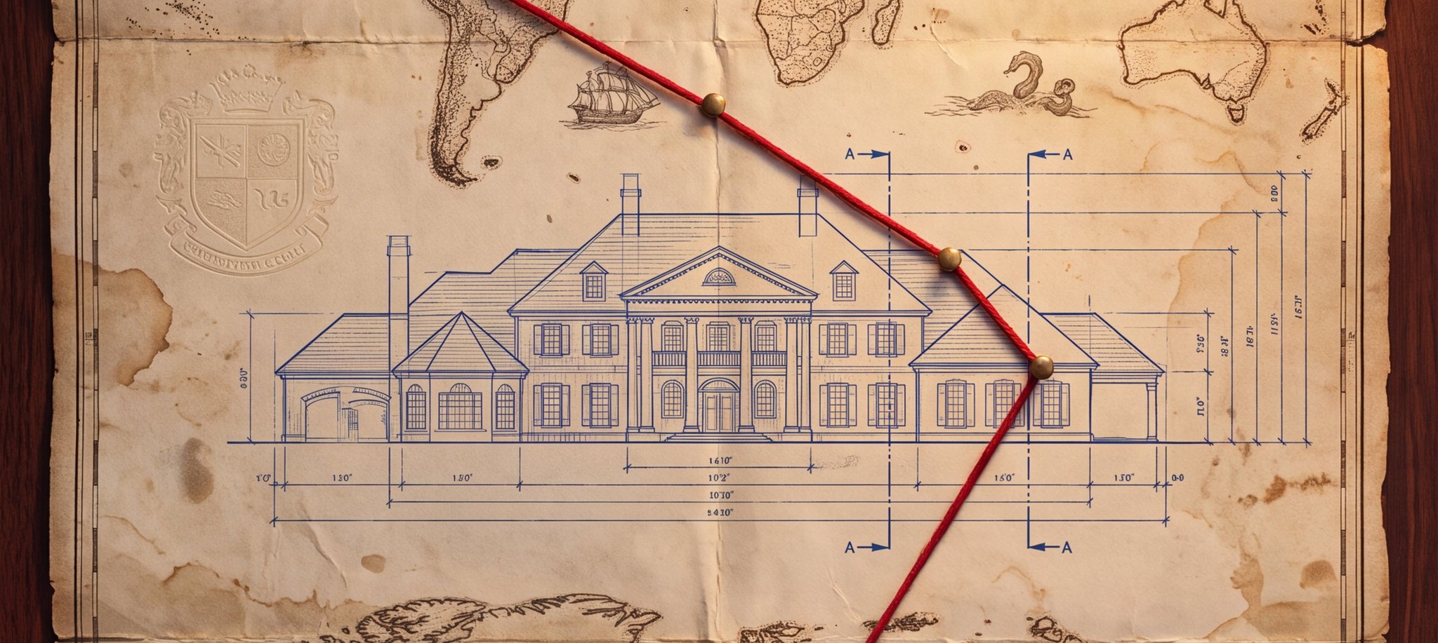 The chart continues — blue blueprint lines of the clubhouse drawn over the map