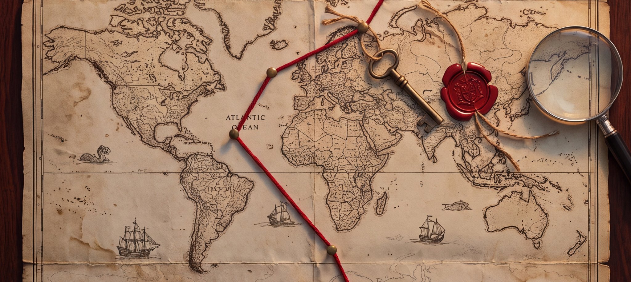 Deeper still — a brass key tied to the red thread, sealed in crimson wax