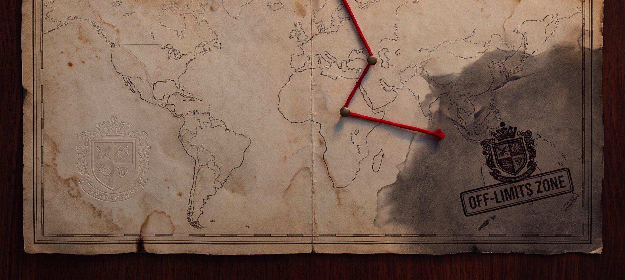 The chart ends in uncharted dark — the red thread stops at the edge of an off-limits zone