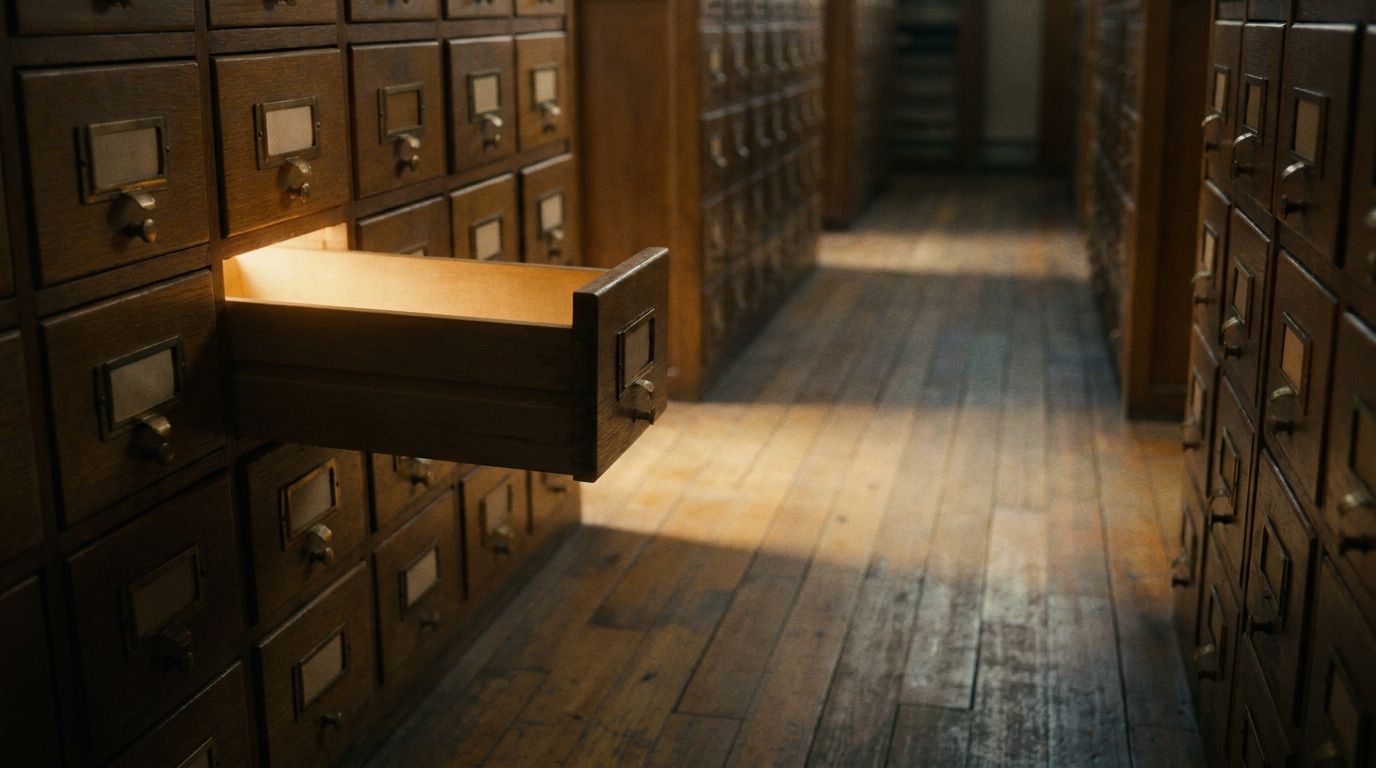 An antique archive drawer pulled open, warm golden light glowing from inside