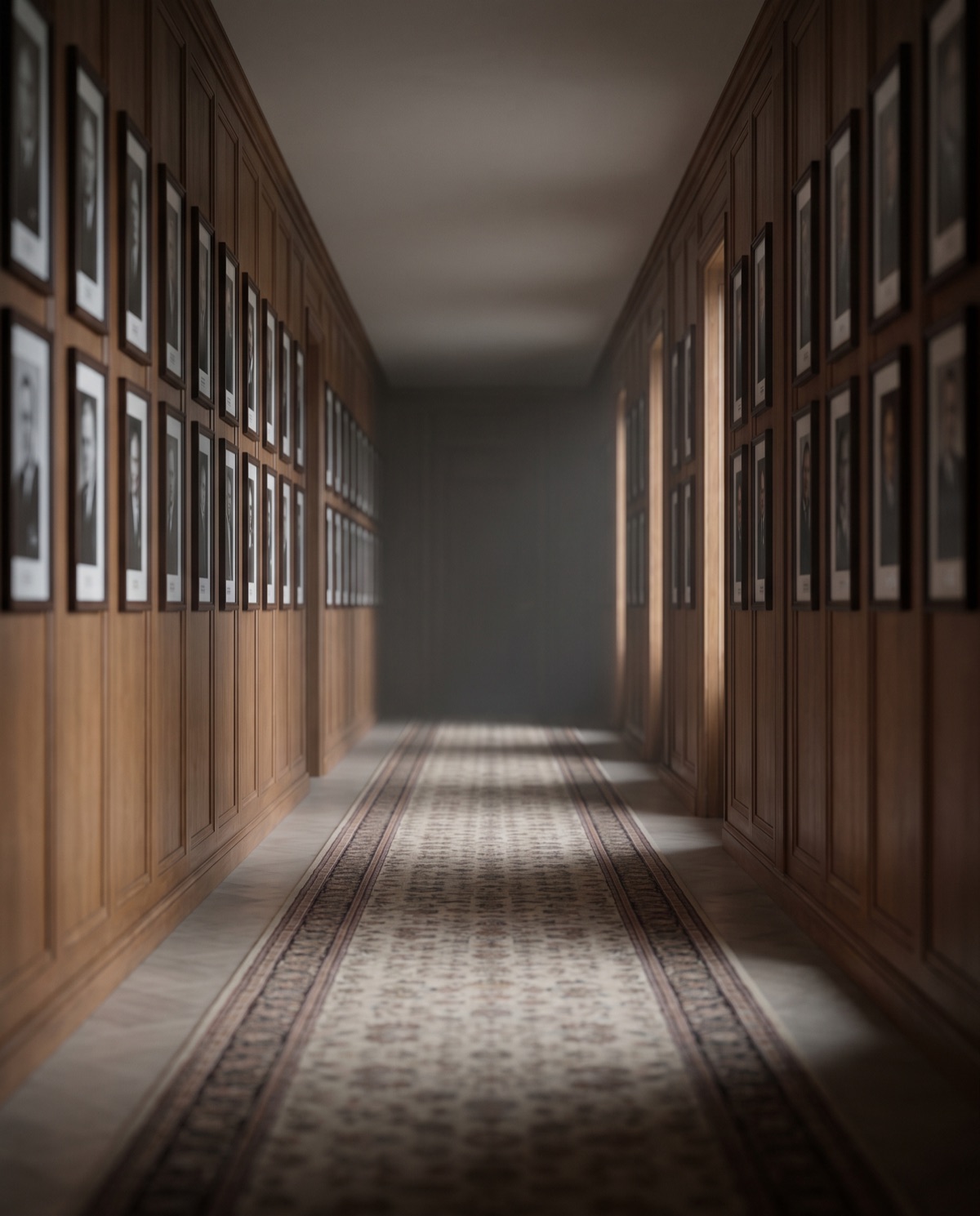 A candlelit corridor of gilded portraits stretching into the dark