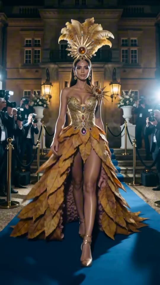A model in a gold feathered gown walking the runway before the estate