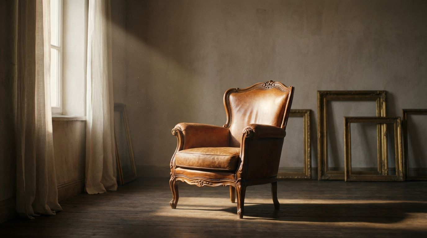 A single leather armchair in a shaft of sunlight, empty gilded frames leaning against the wall behind it