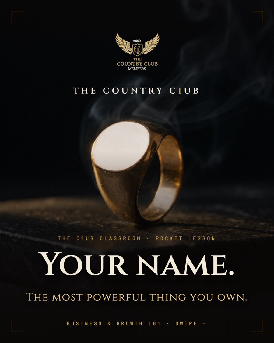 Plate one — a gold signet ring on dark marble under candlelight: Your name, the most powerful thing you own