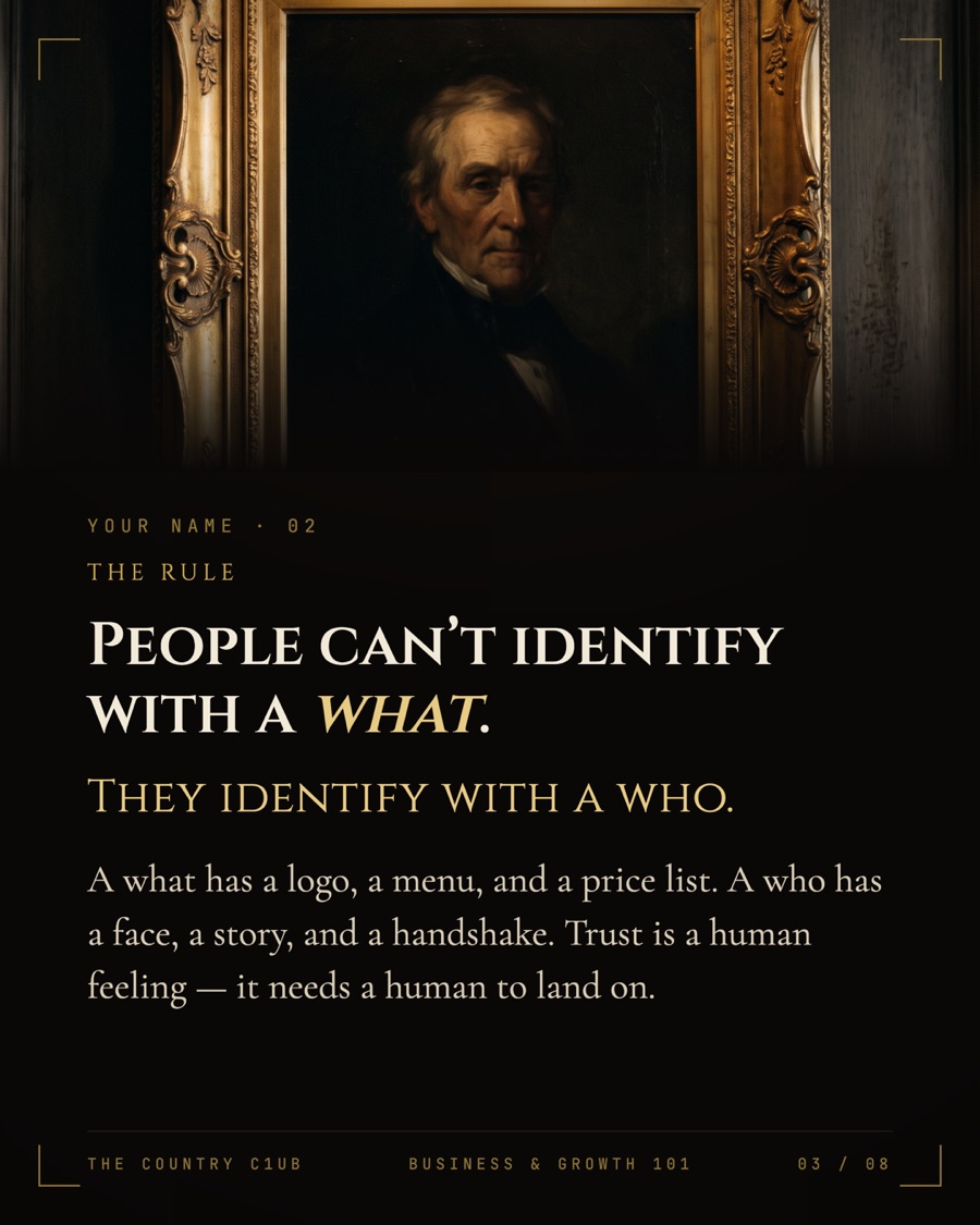 Plate three — a gilded oil portrait: people can't identify with a what, they identify with a who