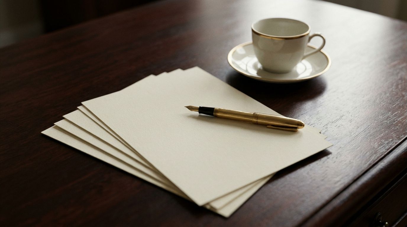 Blank cream pages and a gold fountain pen on a morning-lit writing desk